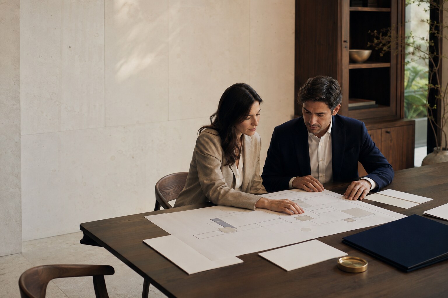 Dos profesionales revisan un mapa patrimonial abstracto en una sesión privada de dirección