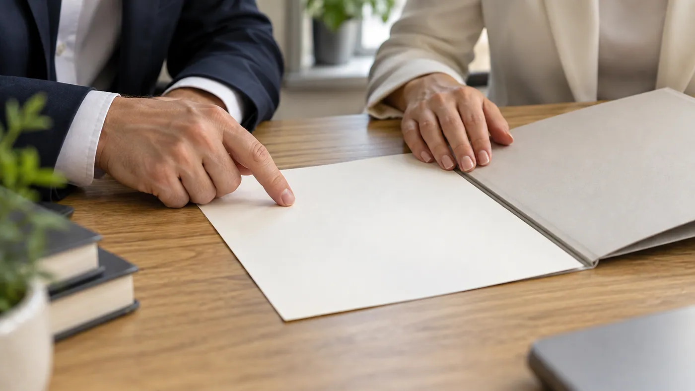 Manos de dos profesionales revisando un documento y una carpeta abierta.