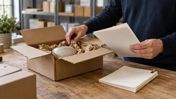 Manos revisando un paquete entregado junto a documentos en una mesa de trabajo.