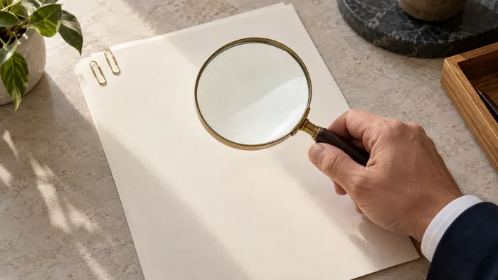 Mano sosteniendo una lupa sobre un contrato en blanco para revisarlo.