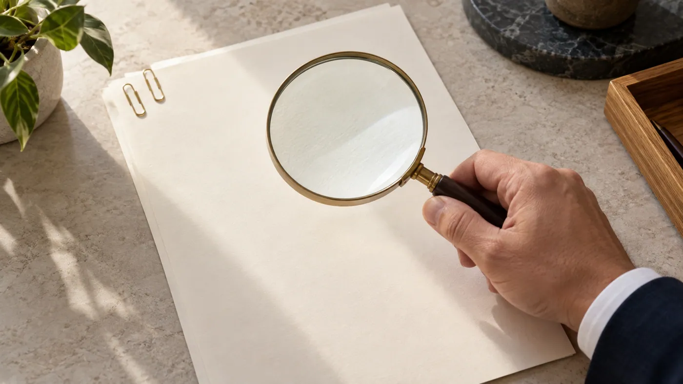Mano sosteniendo una lupa sobre un contrato en blanco para revisarlo.