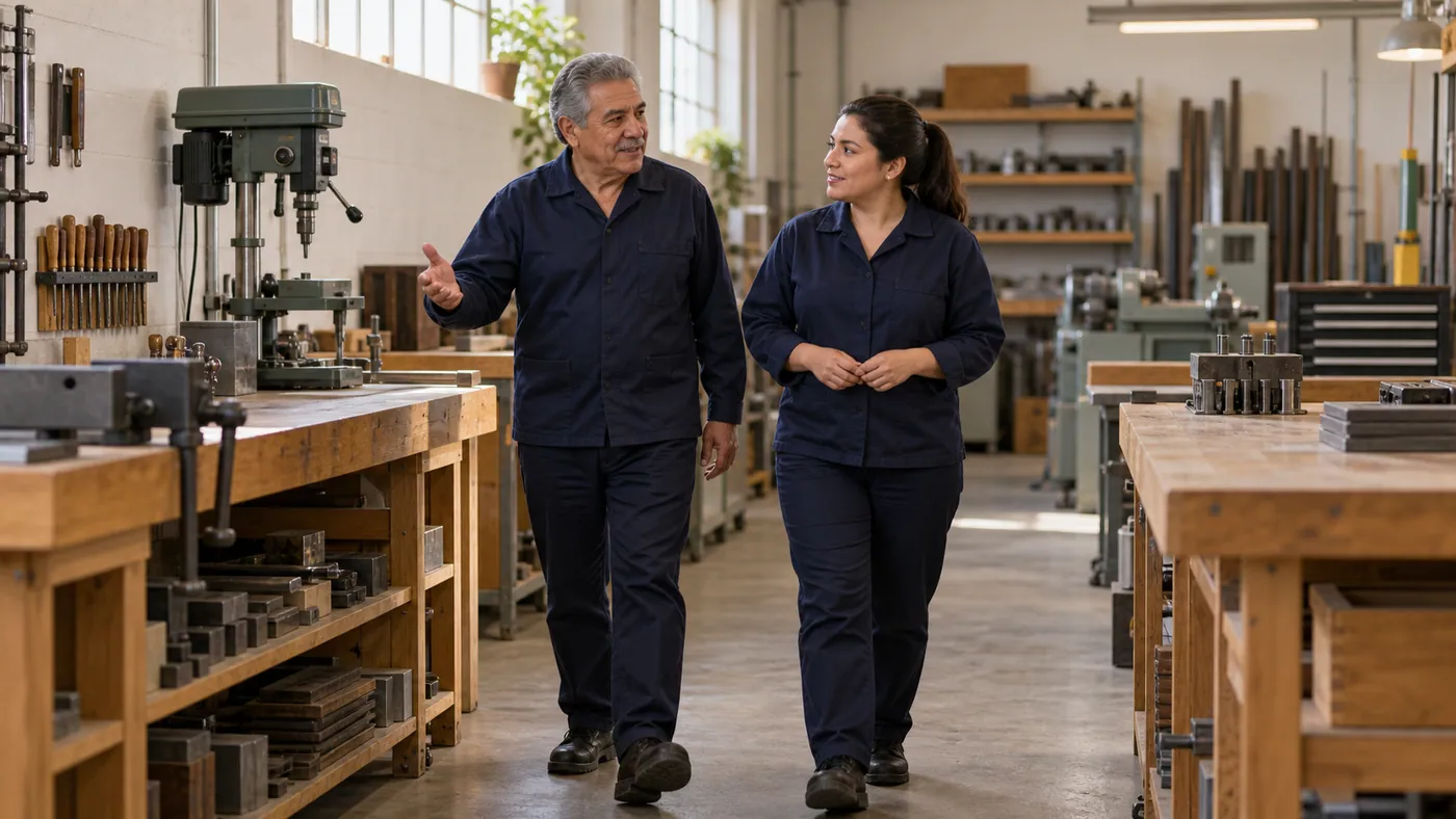 Dos generaciones adultas recorren juntas un taller industrial cuidado.