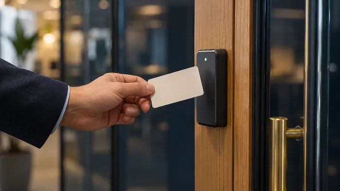 Mano acercando una tarjeta de acceso a un lector de puerta de oficina.