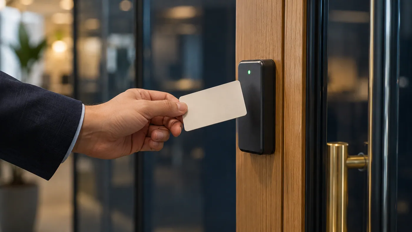 Mano acercando una tarjeta de acceso a un lector de puerta de oficina.
