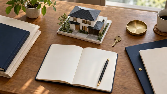 Mesa de planificación patrimonial con maqueta de vivienda, carpetas y libreta abierta.