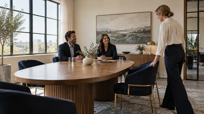 Sala de reuniones con dos personas sentadas y una silla acercándose a la mesa.