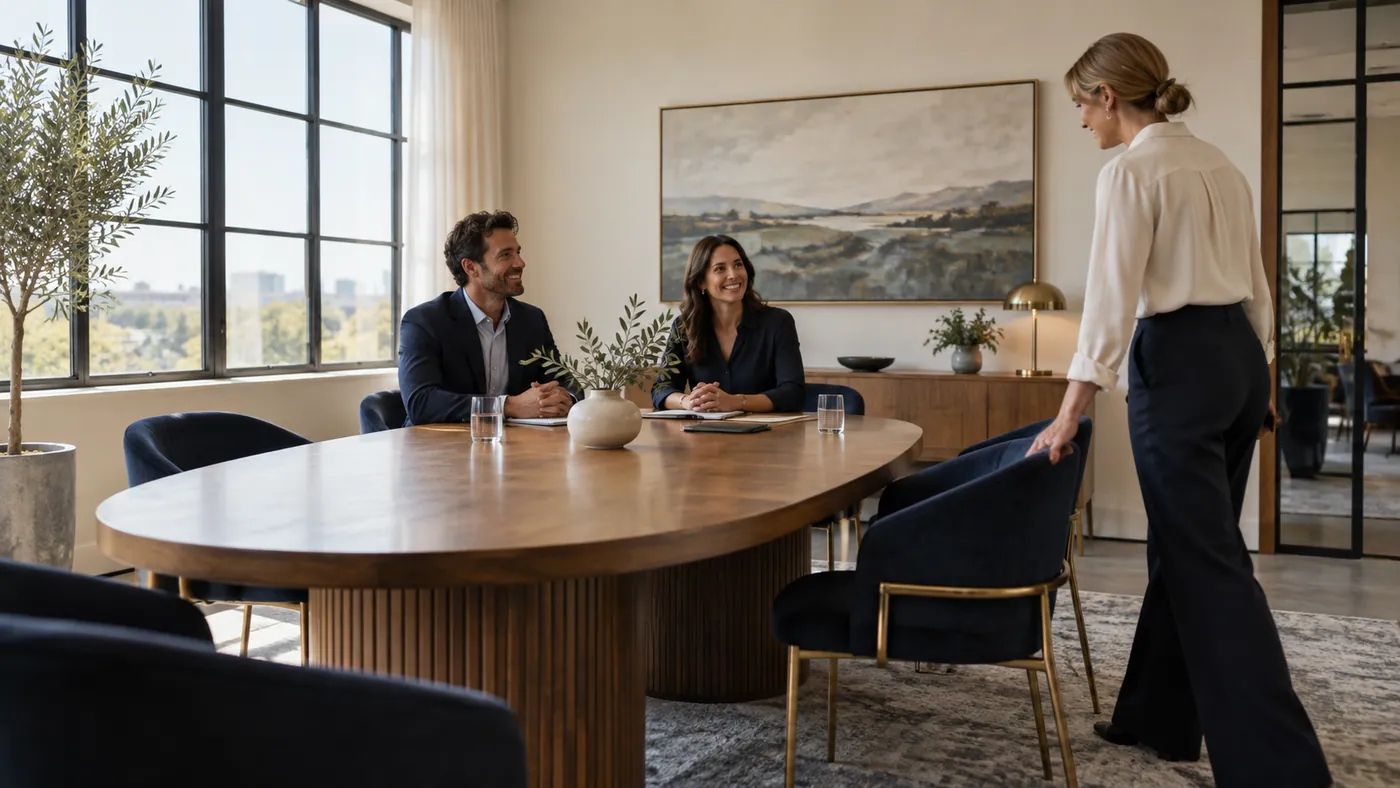 Sala de reuniones con dos personas sentadas y una silla acercándose a la mesa.