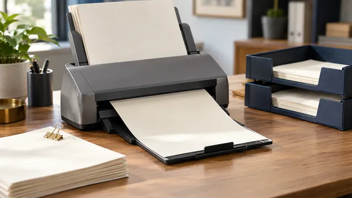 Escáner de documentos digitalizando un expediente junto a bandejas de archivo.