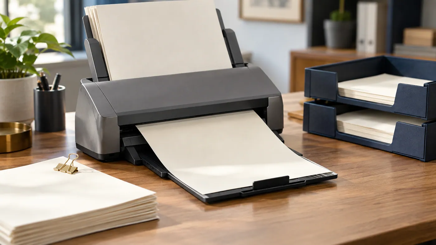 Escáner de documentos digitalizando un expediente junto a bandejas de archivo.