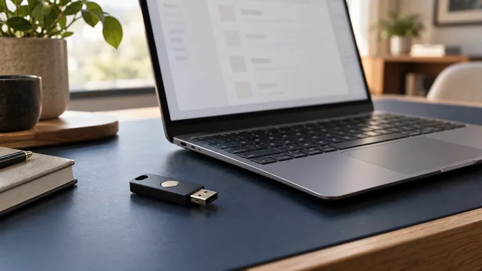 Computadora sin marca y llave de seguridad física sobre un escritorio oscuro.