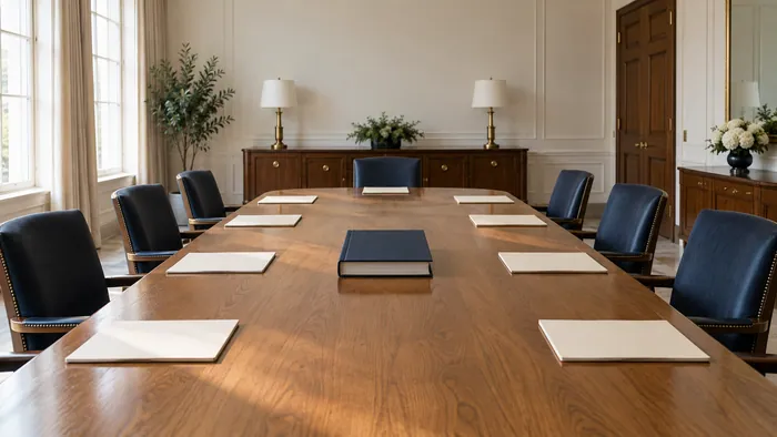 Sala de consejo vacía con carpetas ordenadas y un libro de actas al centro.