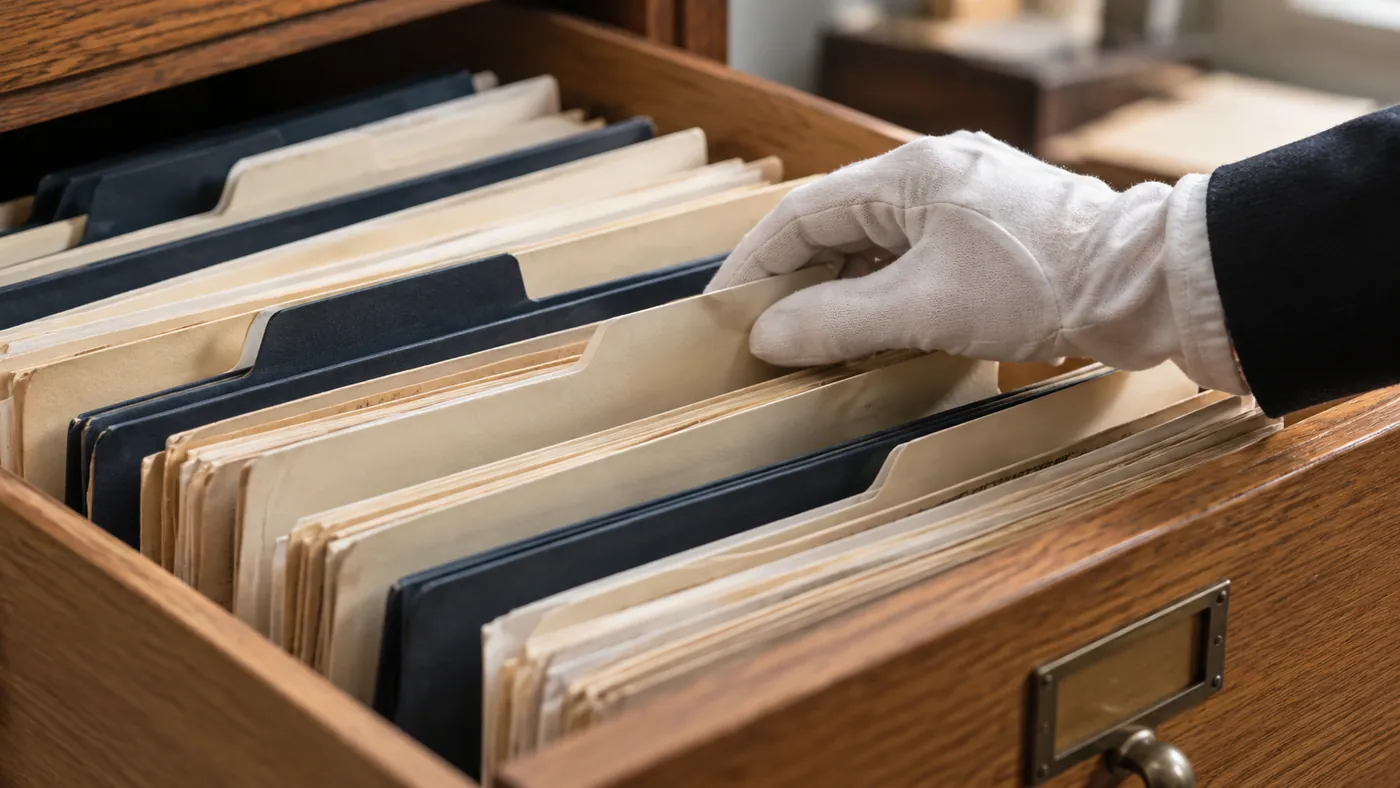 Mano con guante de algodón revisando carpetas ordenadas en un cajón de archivo.