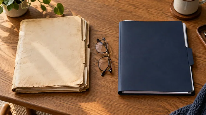Dos expedientes de épocas distintas junto a unos lentes de lectura.