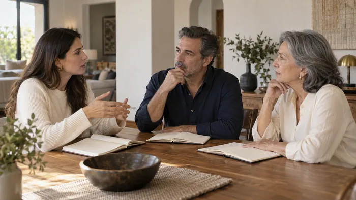 Tres adultos de distintas generaciones conversan con libretas en una mesa de comedor.