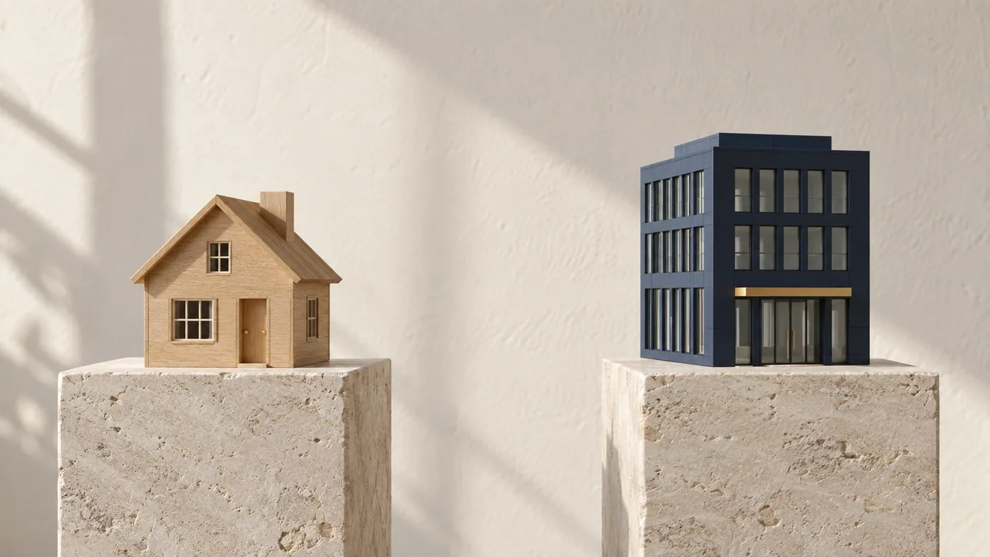 Modelos de una casa y un edificio de oficinas sobre bases de piedra separadas.